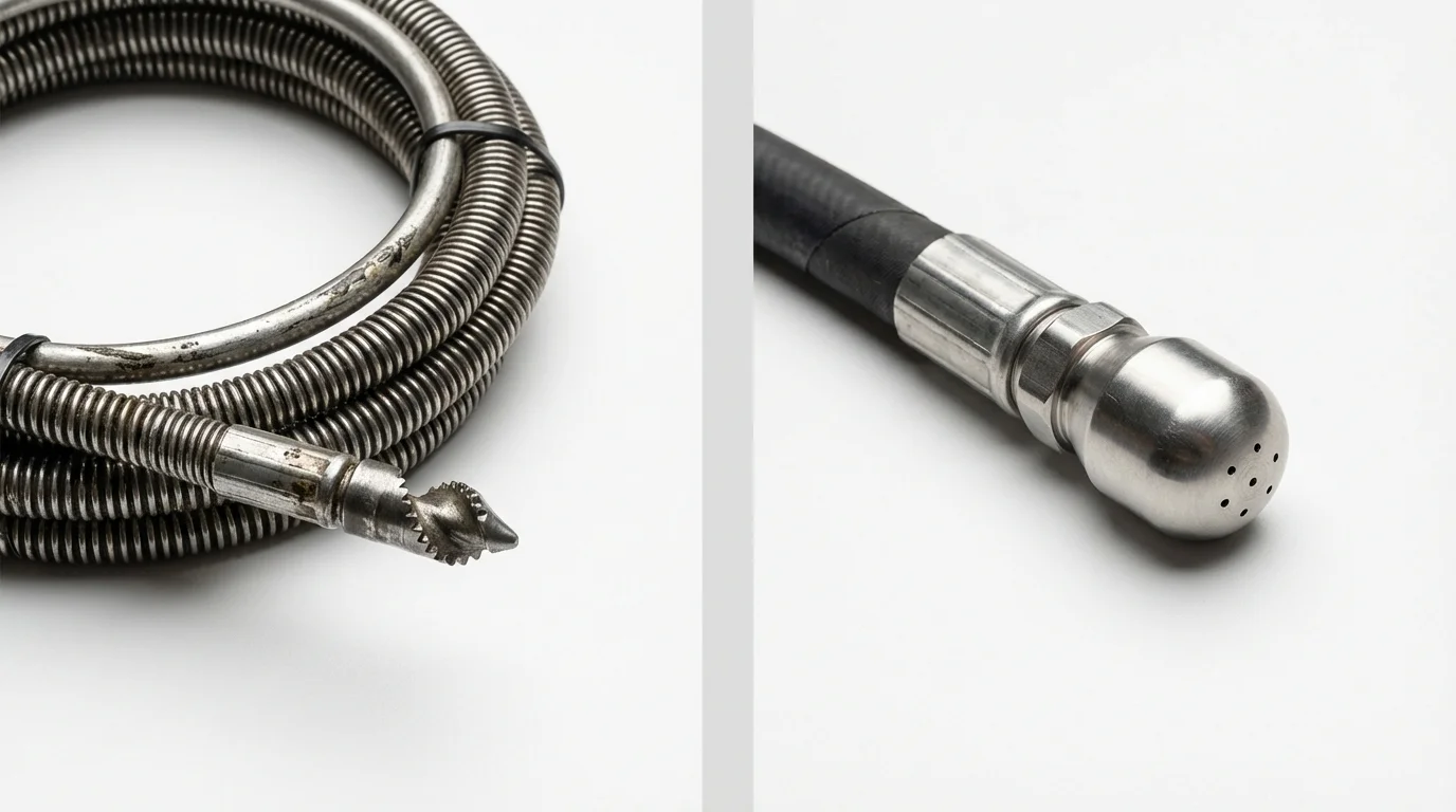 Drain snake cable and hydro jetting nozzle used for drain cleaning in Davenport, IA