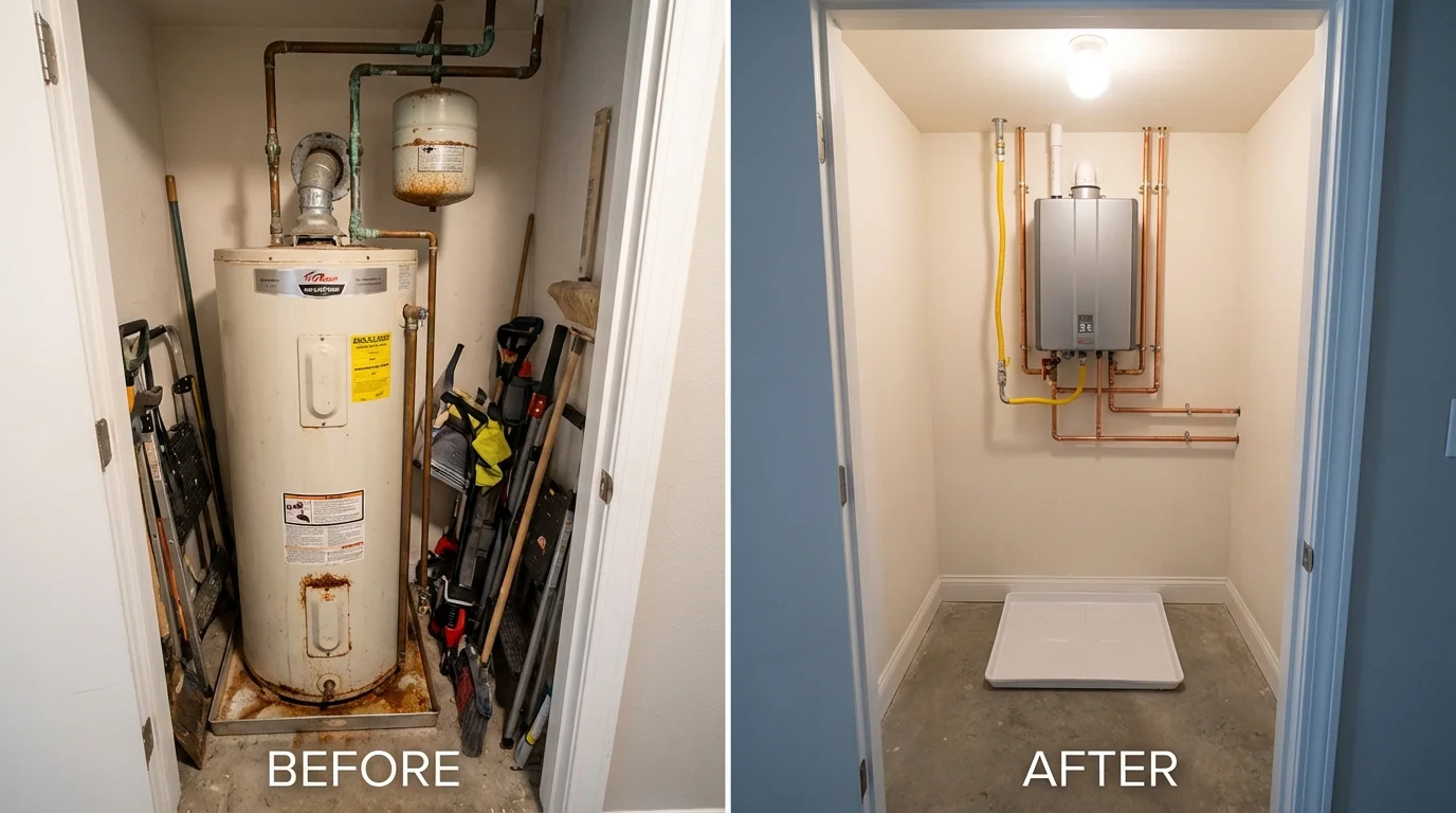 Tank water heater versus wall-mounted tankless unit comparison for Davenport, IA homeowners