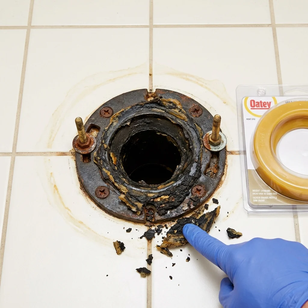 Failed wax ring showing water seepage at the base of a toilet in a Davenport, IA home