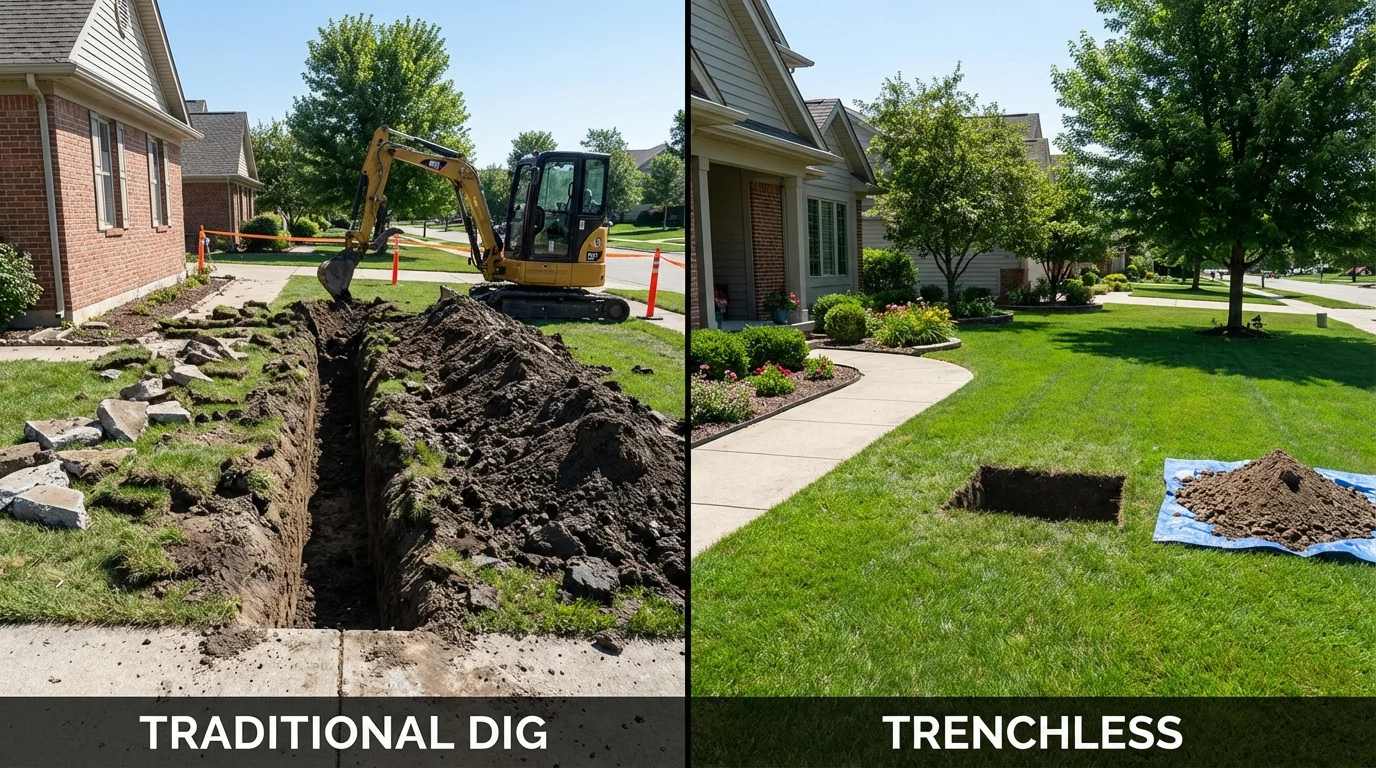 Trenchless sewer repair with minimal yard damage versus traditional excavation in Davenport, IA