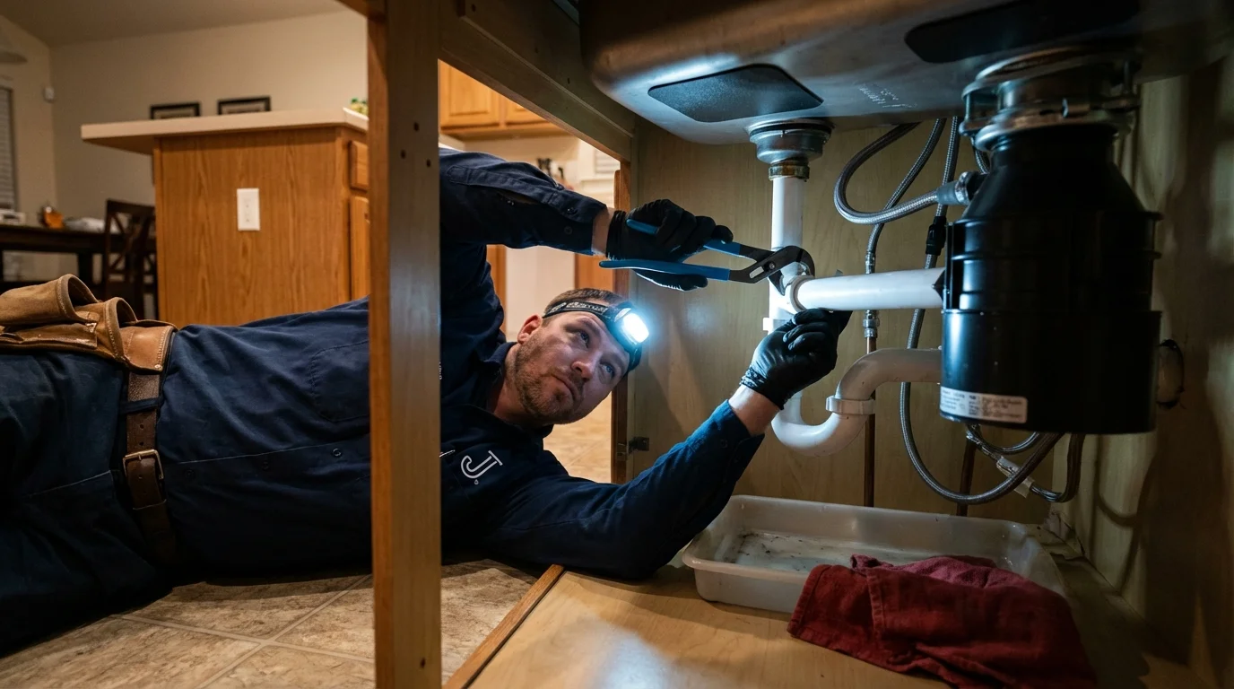 P-trap and supply line connections under a kitchen sink showing a common leak point in Davenport, IA